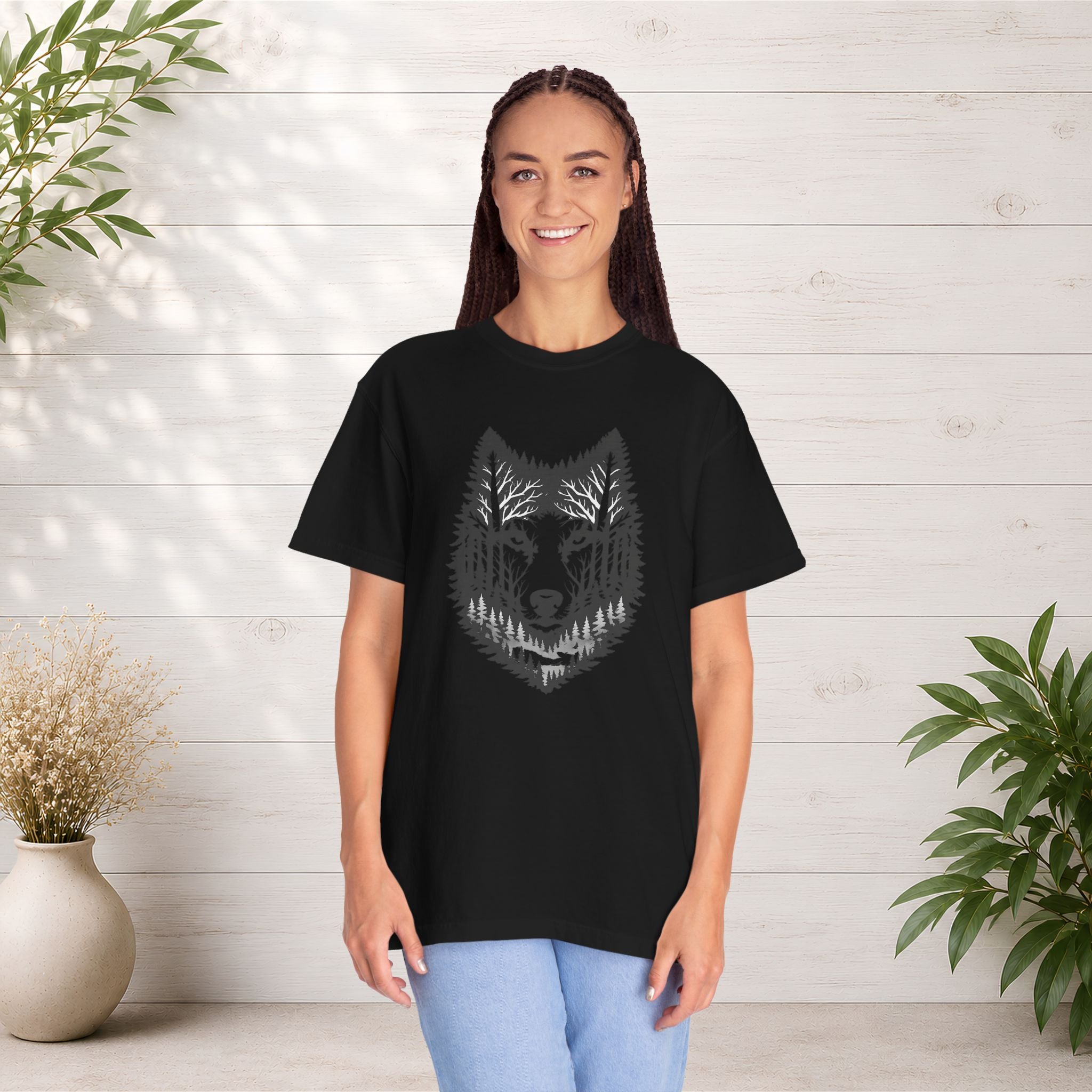 Wolf Forest T-Shirt — Geometric Woodland Wolf Graphic Tee