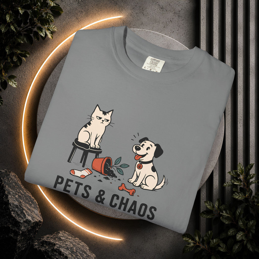 Pets & Chaos Graphic T-Shirt — Funny Cat and Dog Design
