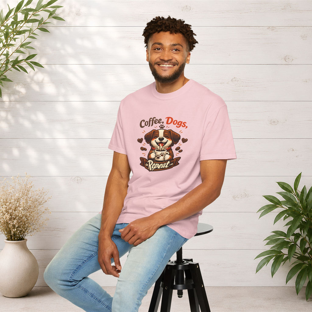 "Coffee, Dogs, Repeat" Cute Dog & Coffee Graphic T-Shirt