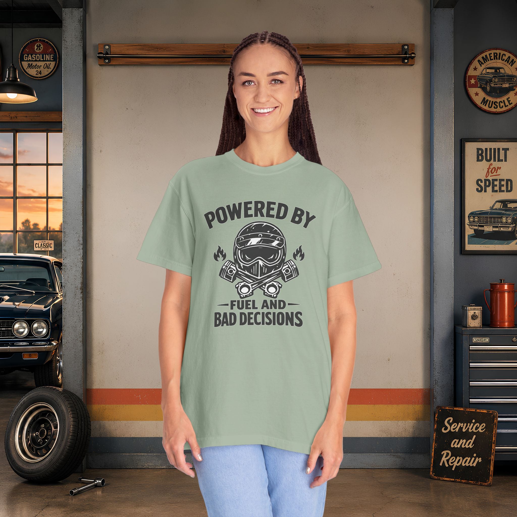 Powered By Fuel And Bad Decisions T-Shirt — Motorcycle Helmet Graphic Tee