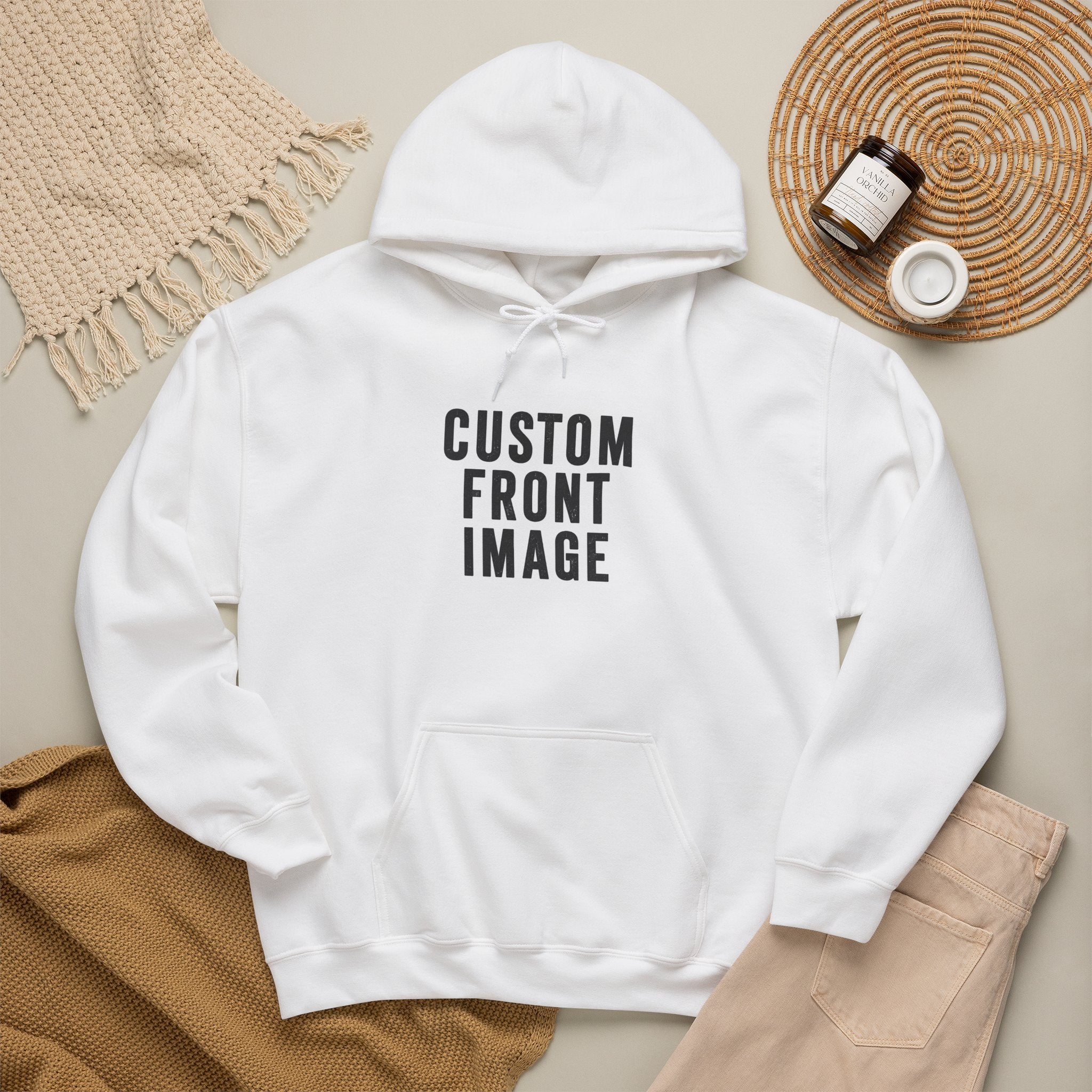Custom Front Image Hoodie — Personalized White Pullover Hooded Sweatshirt