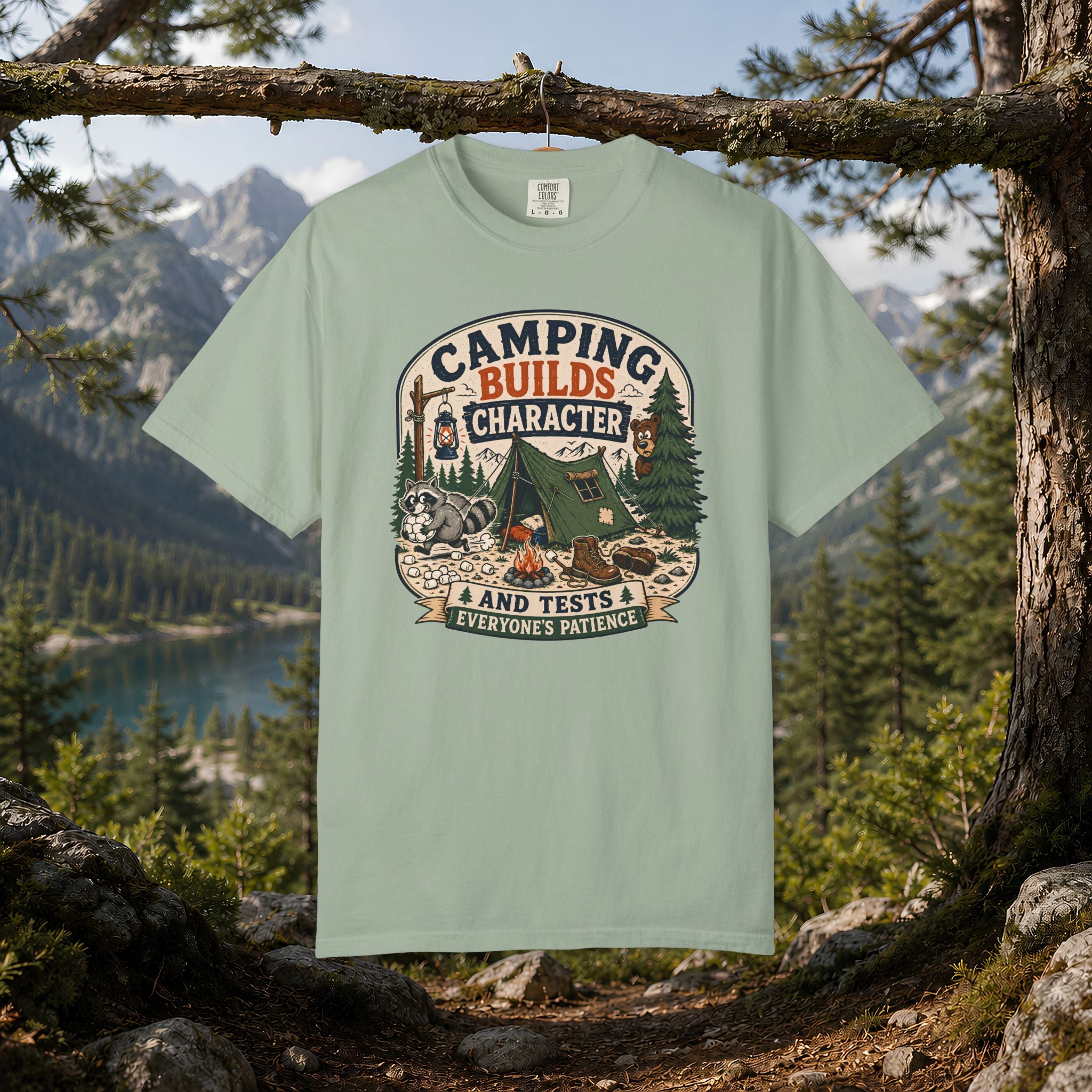 Camping Builds Character T-Shirt — Vintage Tent, Forest & Campfire Outdoor Tee
