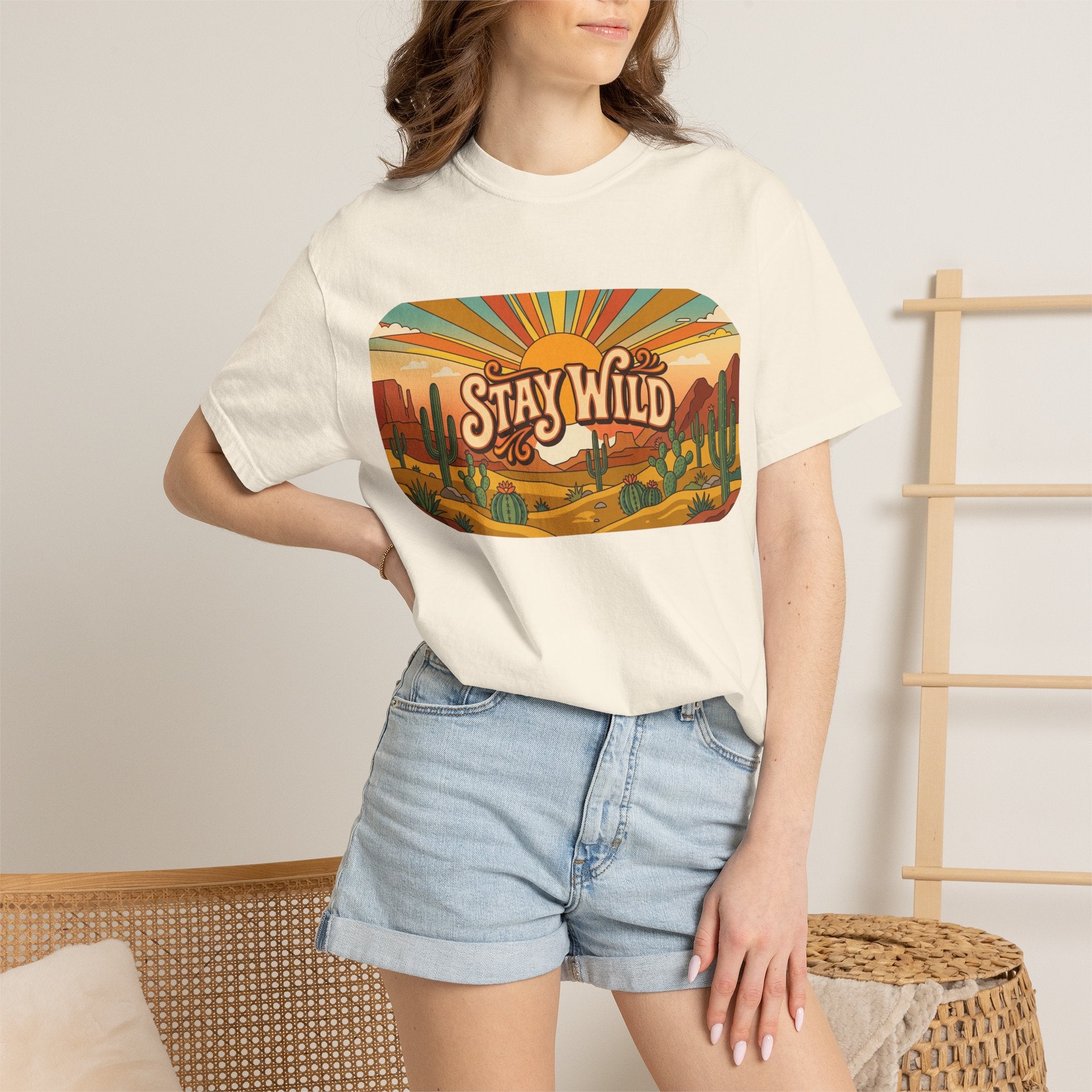 Stay Wild Desert Sunset T-shirt | Retro Cactus Landscape