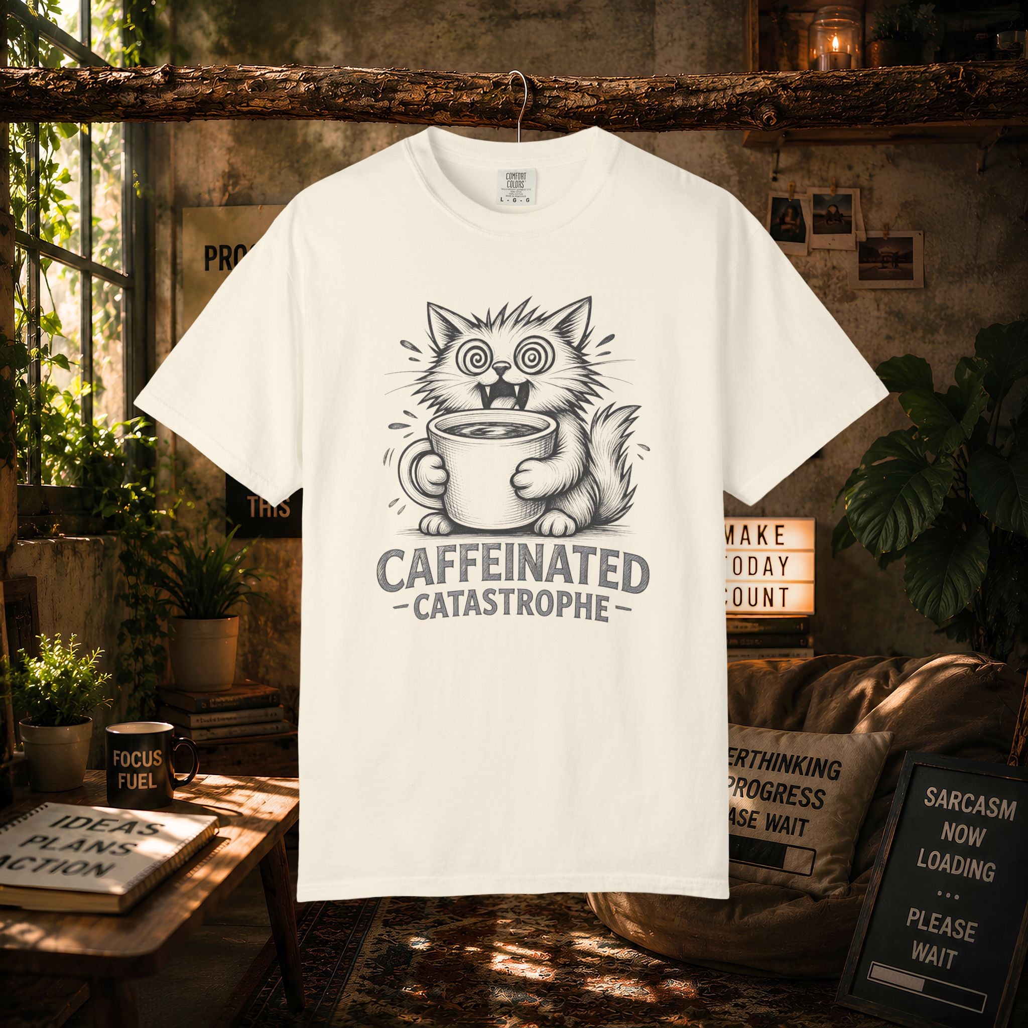 Caffeinated Cat T-Shirt — "Caffeinated Catastrophe" Coffee Lover Tee