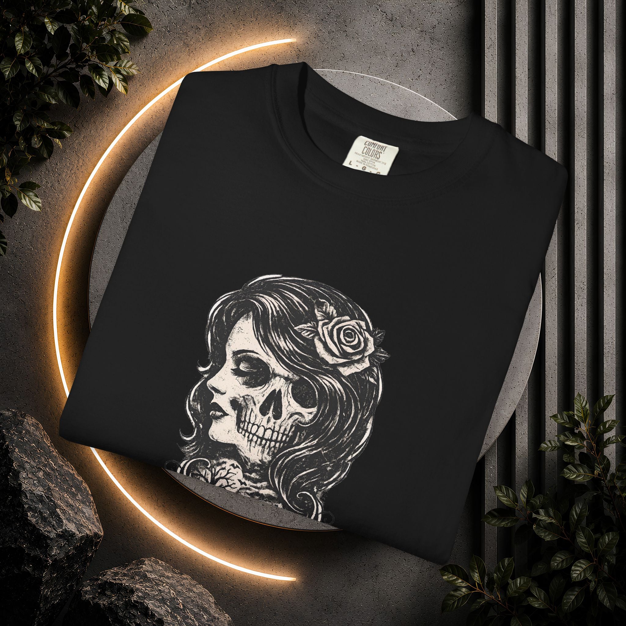 Skull Lady Rose T-Shirt — Vintage Day of the Dead Portrait Tee