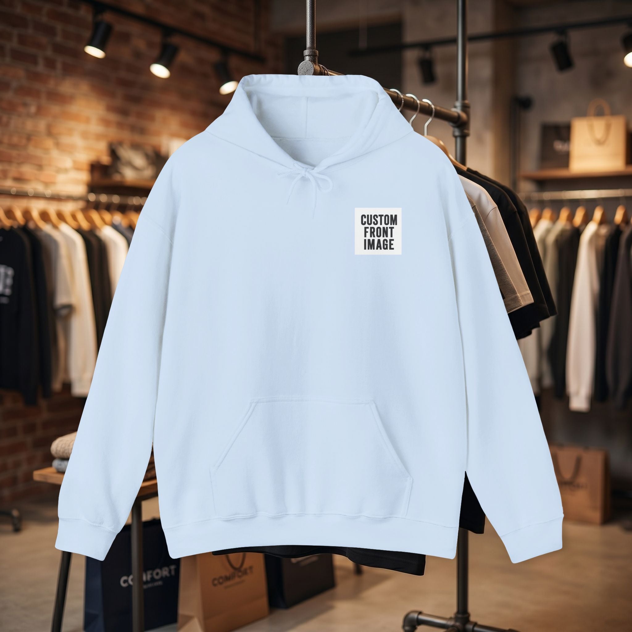 Custom Front Small Left and Back Image Hoodie — Personalized White Pullover Hooded Sweatshirt