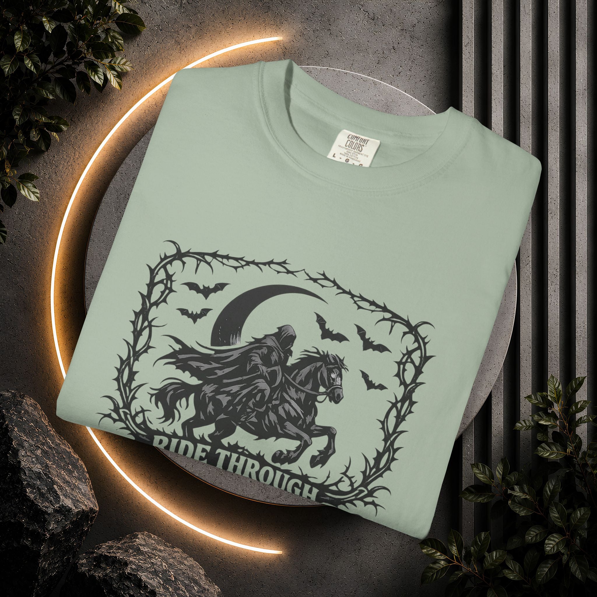 Ride Through Shadows T-Shirt — Gothic Raven Horse Moon Design