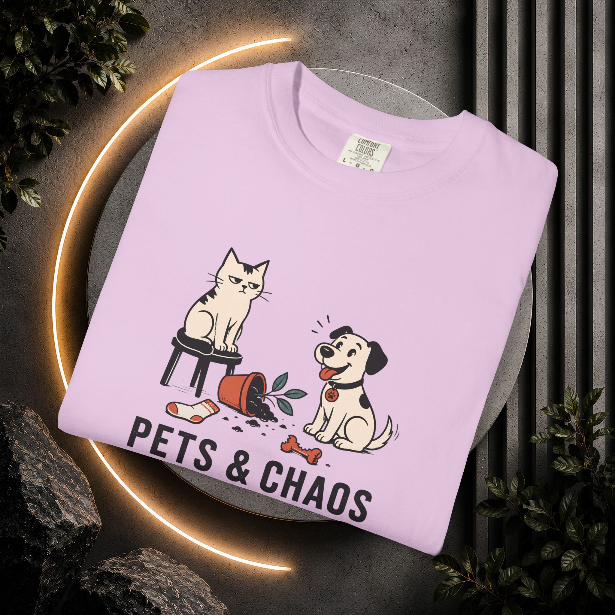 Pets & Chaos Graphic T-Shirt — Funny Cat and Dog Design