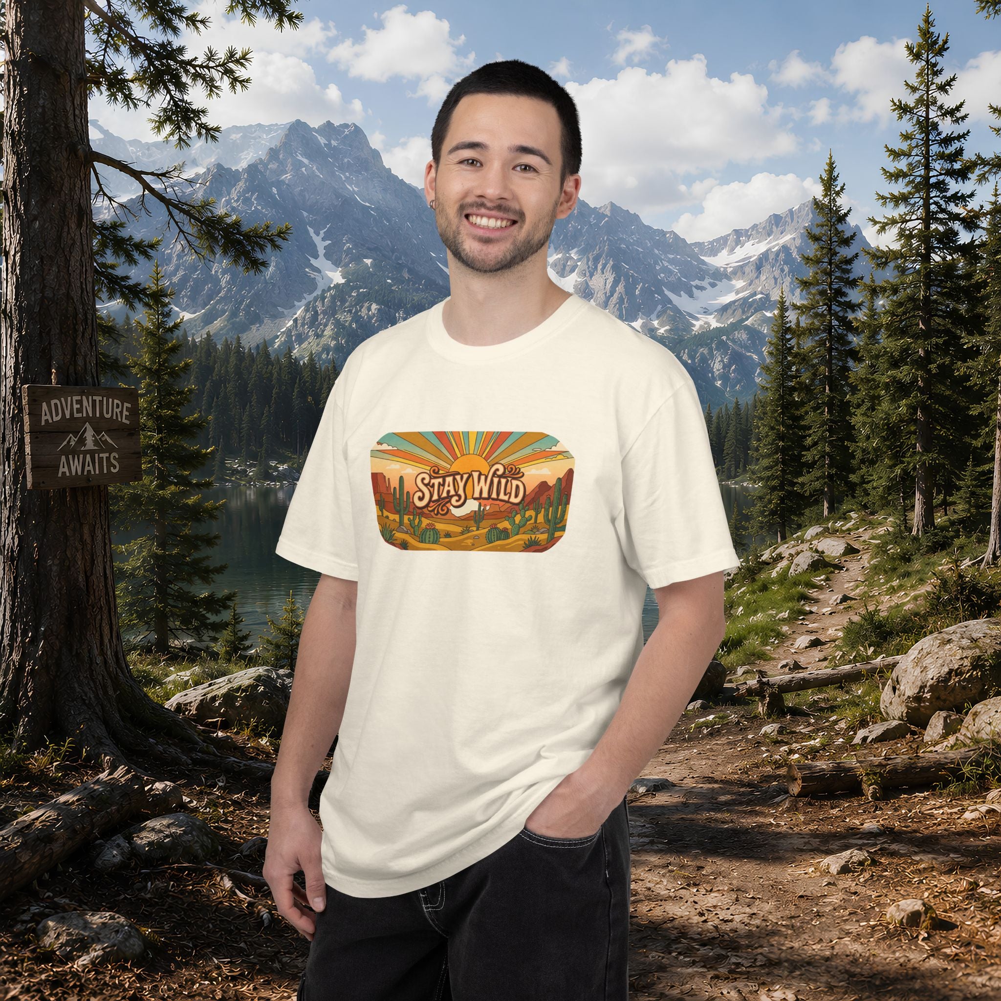 Stay Wild Desert Sunset T-shirt | Retro Cactus Landscape