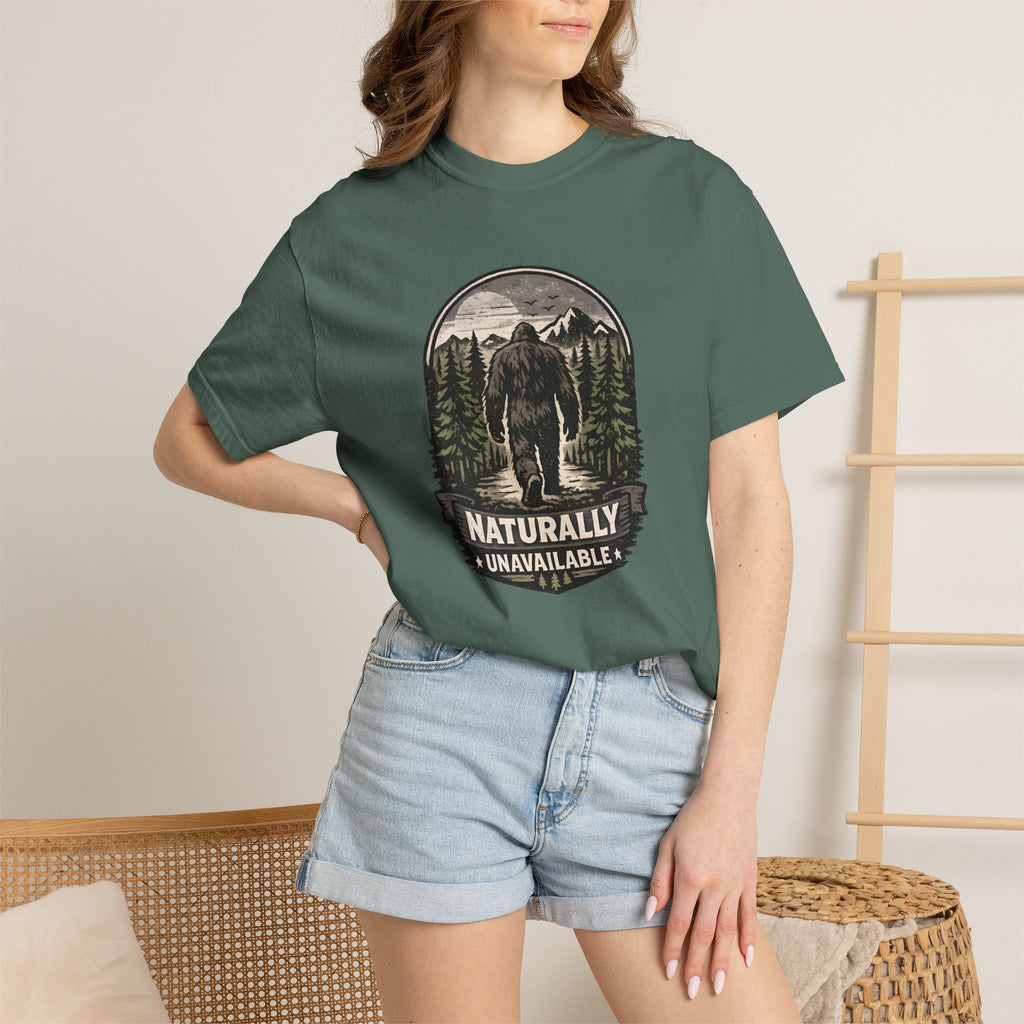 Bigfoot 'Naturally Unavailable' T-Shirt — Bigfoot Walking Into Forest Graphic