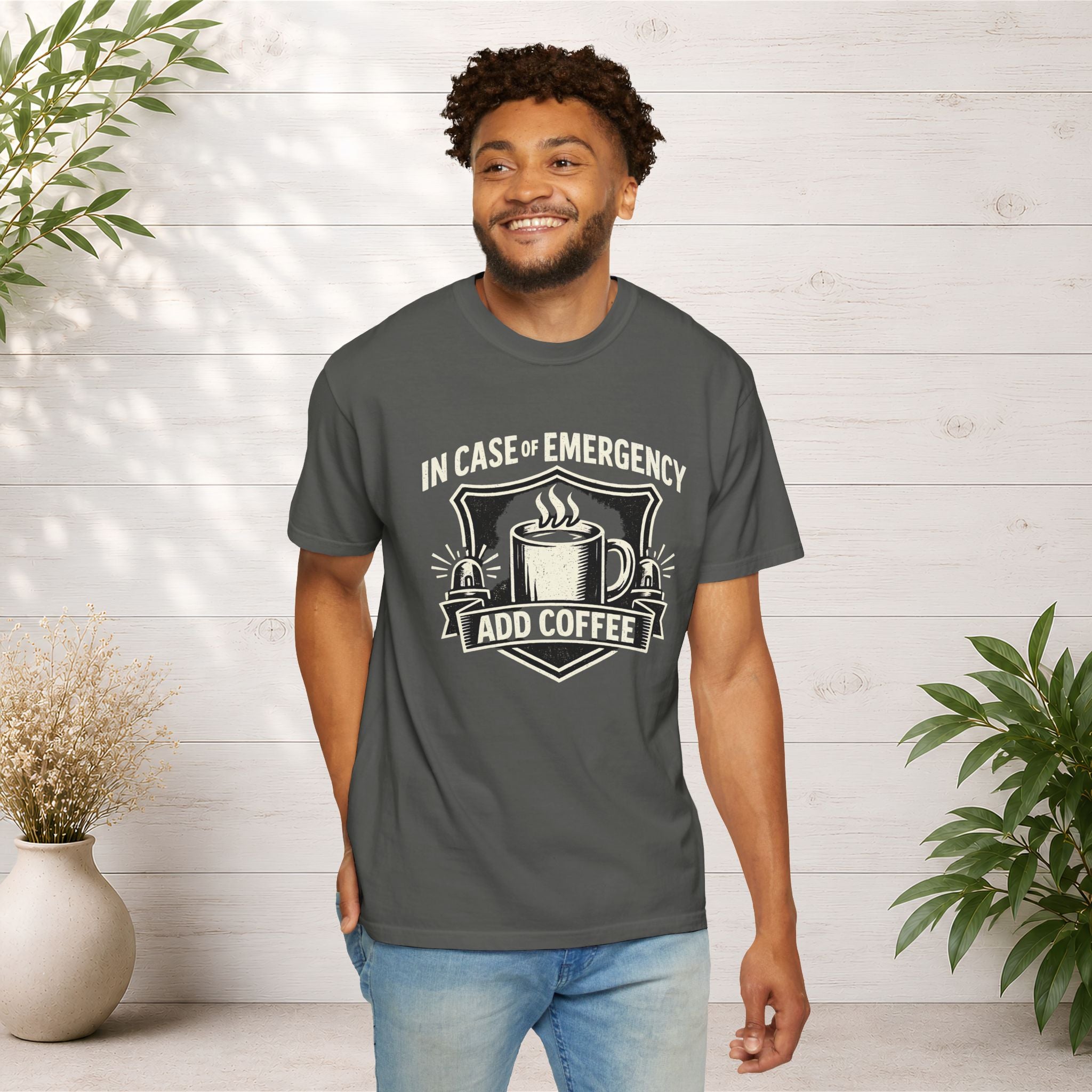Coffee Emergency T-Shirt — "In Case of Emergency Add Coffee" Graphic Tee