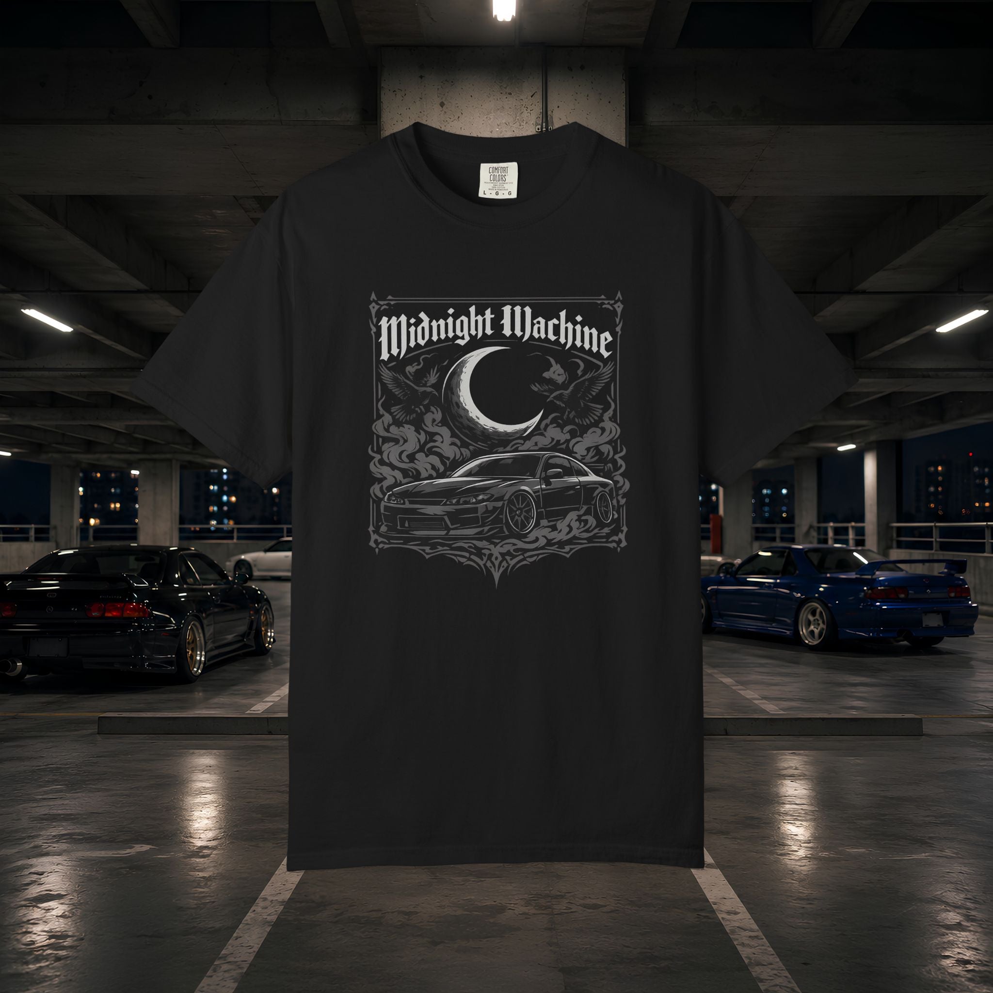 Midnight Machine Graphic T-Shirt — Retro Car Moon Tee for Night Drivers