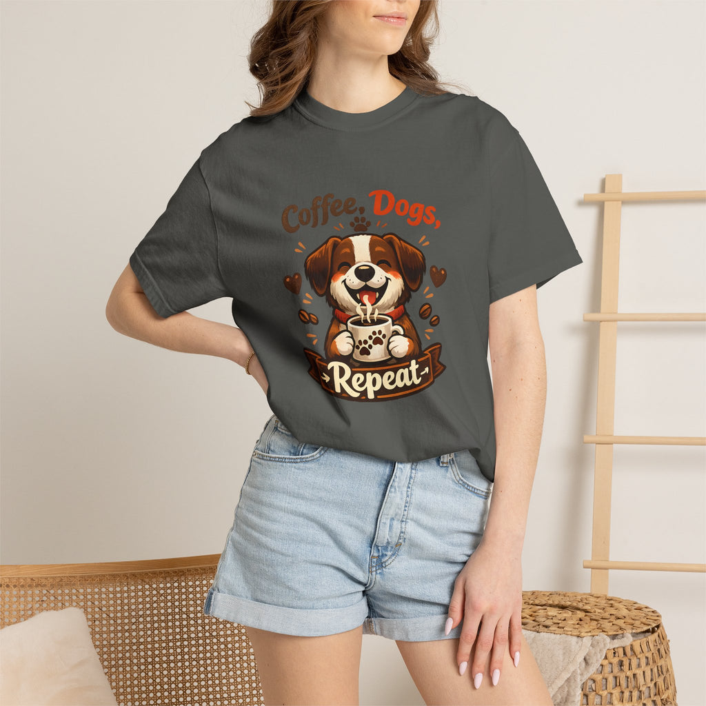 "Coffee, Dogs, Repeat" Cute Dog & Coffee Graphic T-Shirt
