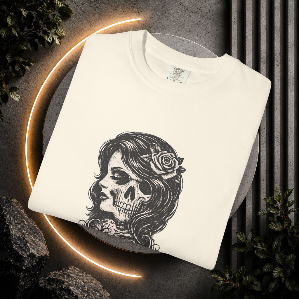 Skull Lady Rose T-Shirt — Vintage Day of the Dead Portrait Tee