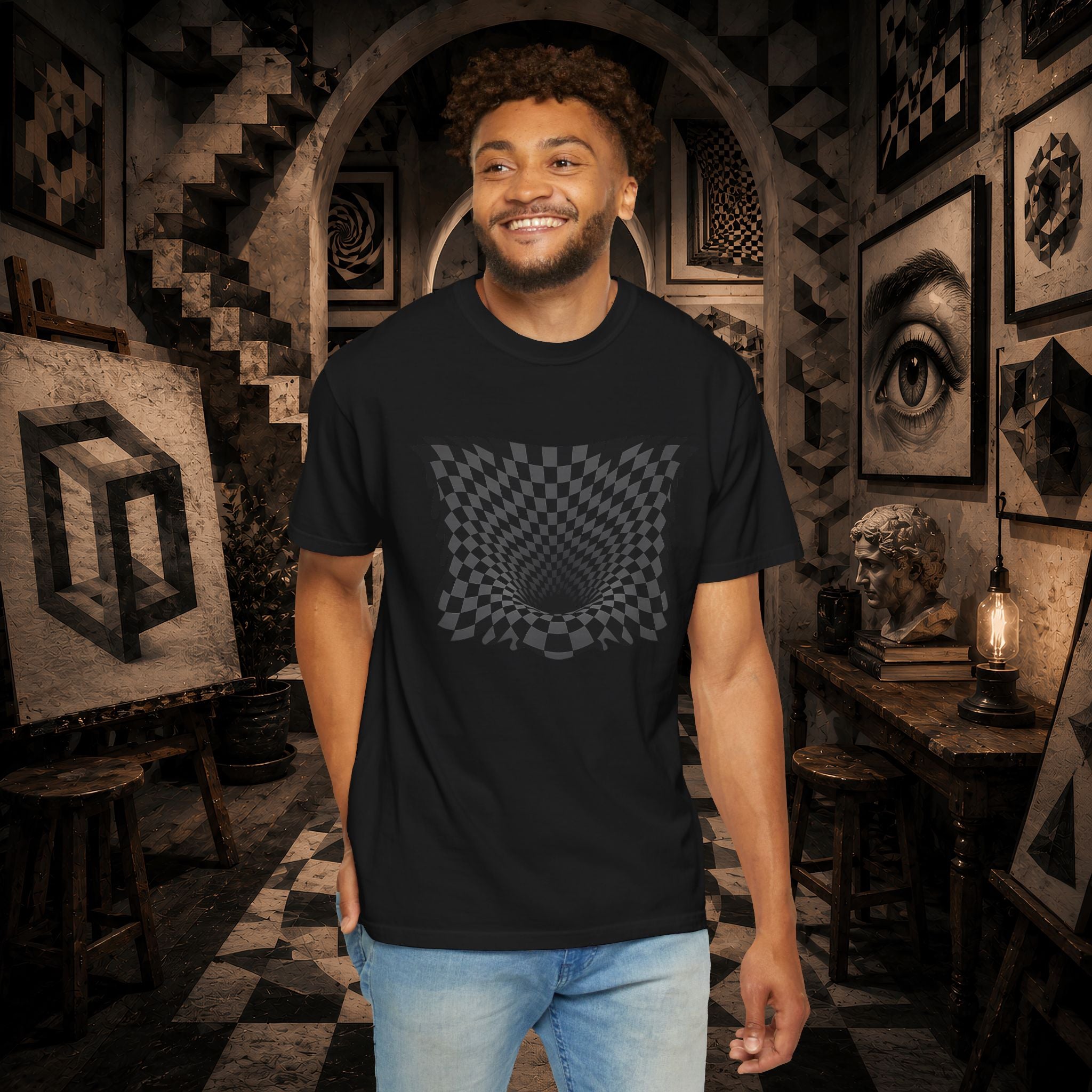 Optical Illusion Checkered T‑Shirt — Psychedelic Vortex Graphic Tee