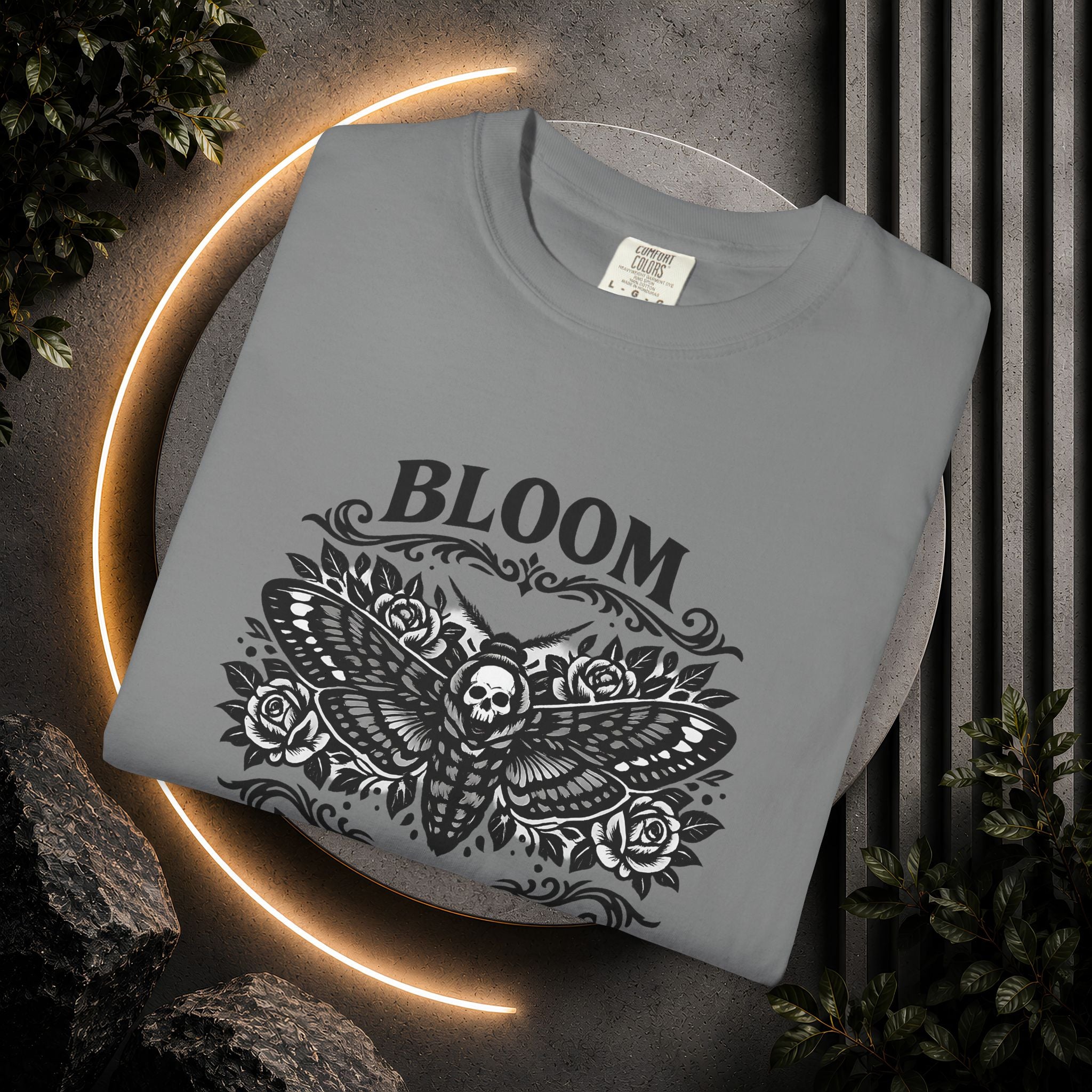 Bloom in the Shadows T-Shirt — Gothic Floral Skull Tee