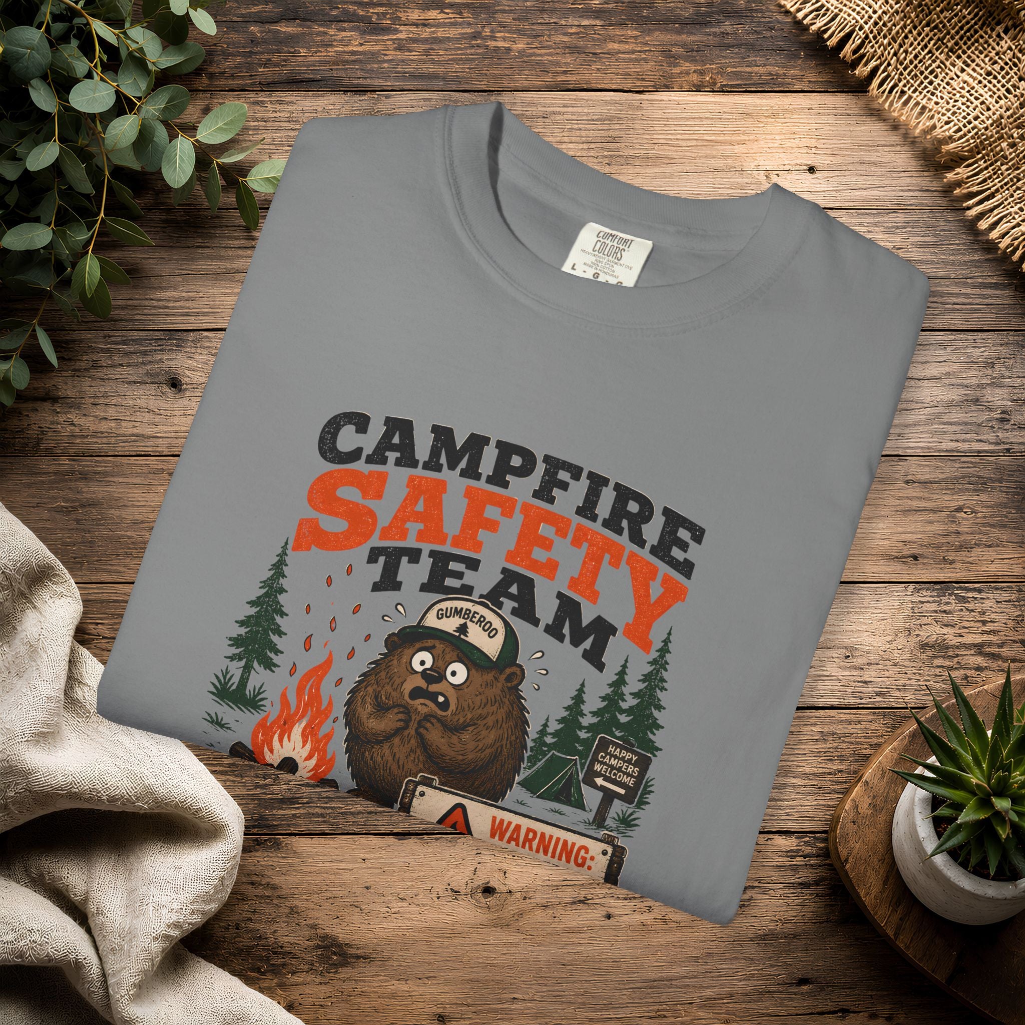 Gumberoo Campfire Safety Tee — Bear Cryptid Patch Graphic