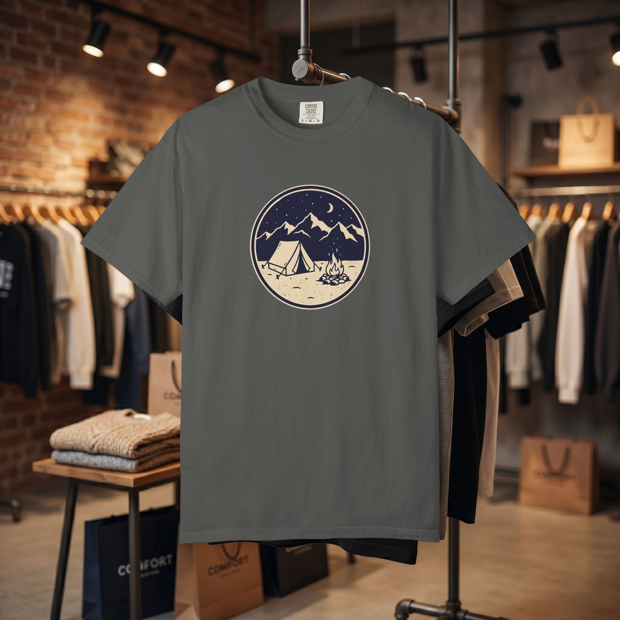 Mountain Camping Circle Art T-shirt | Tent Campfire Outdoors Tee