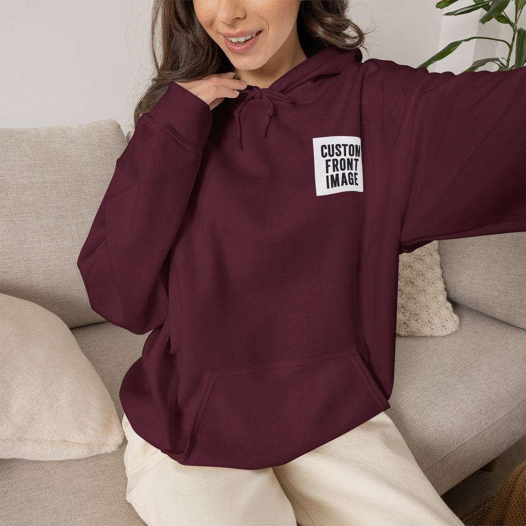 Custom Front Small Left and Back Image Hoodie — Personalized White Pullover Hooded Sweatshirt