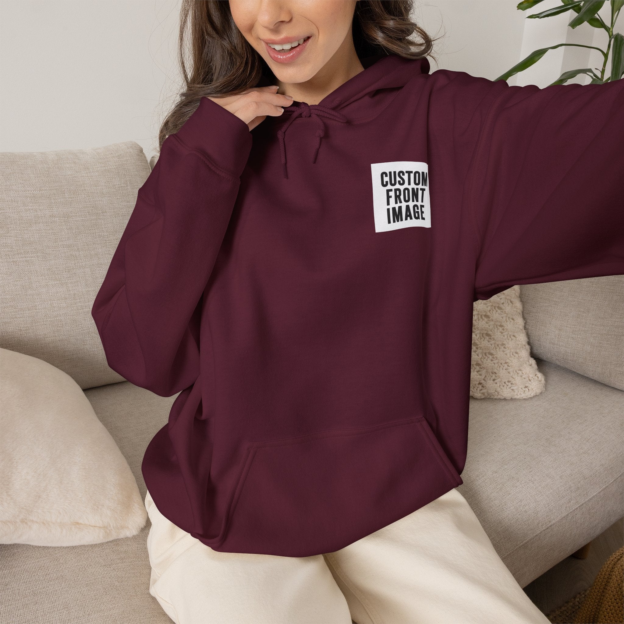 Custom Front Small Left and Back Image Hoodie — Personalized White Pullover Hooded Sweatshirt