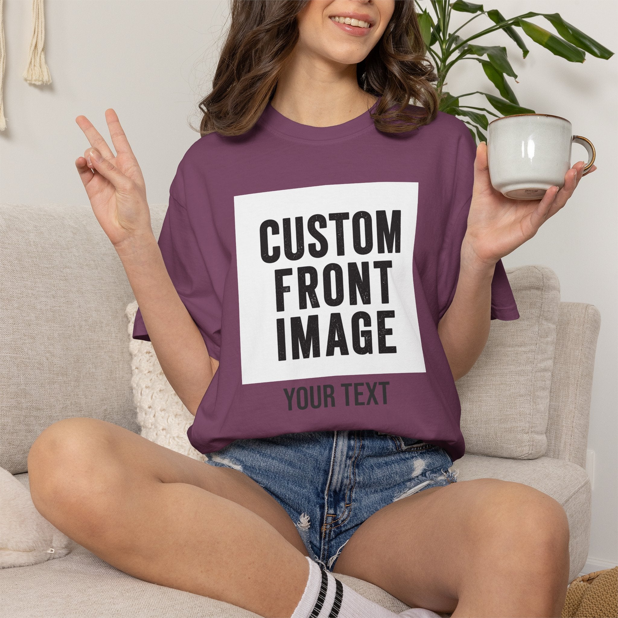 Custom Front Square Print T-Shirt — Personalized Text Bottom & Image Tee