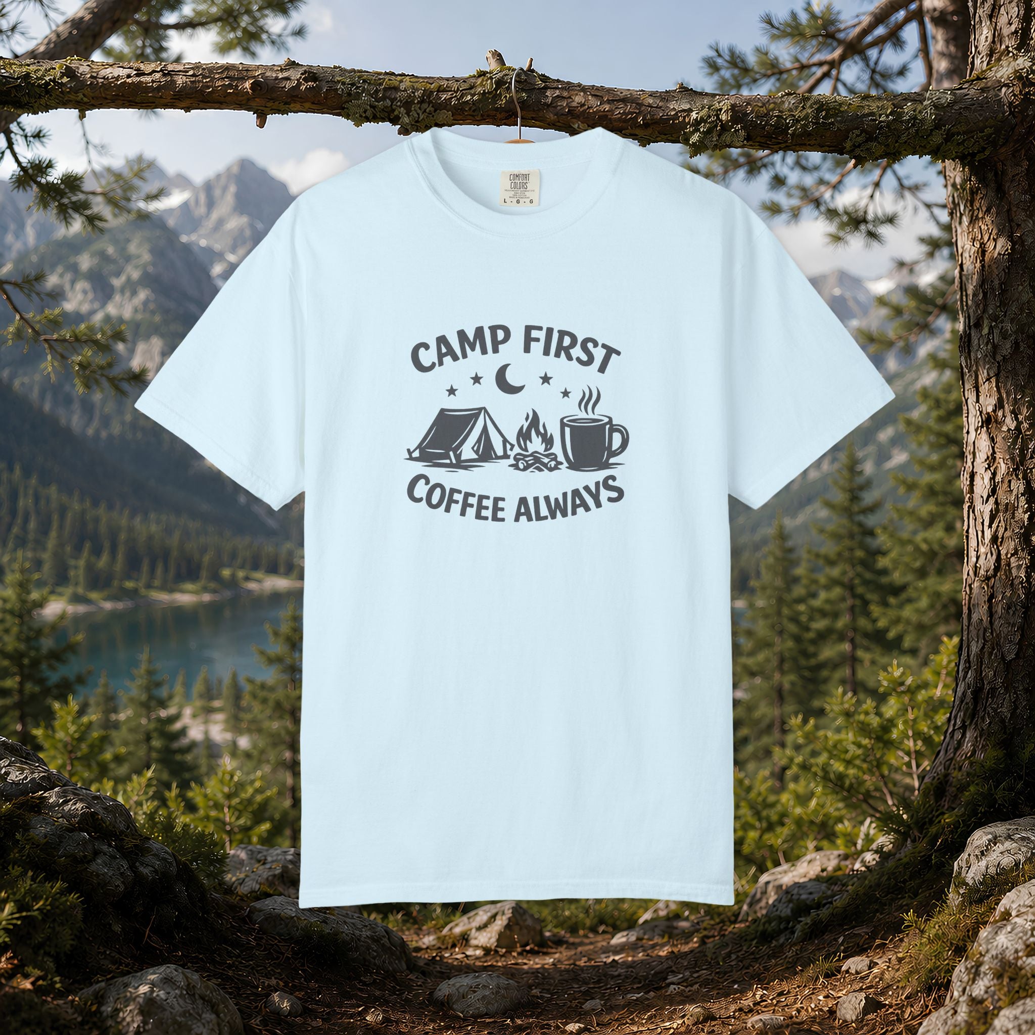 Camping T-Shirt — “Camp First, Coffee Always” Adventure Tee