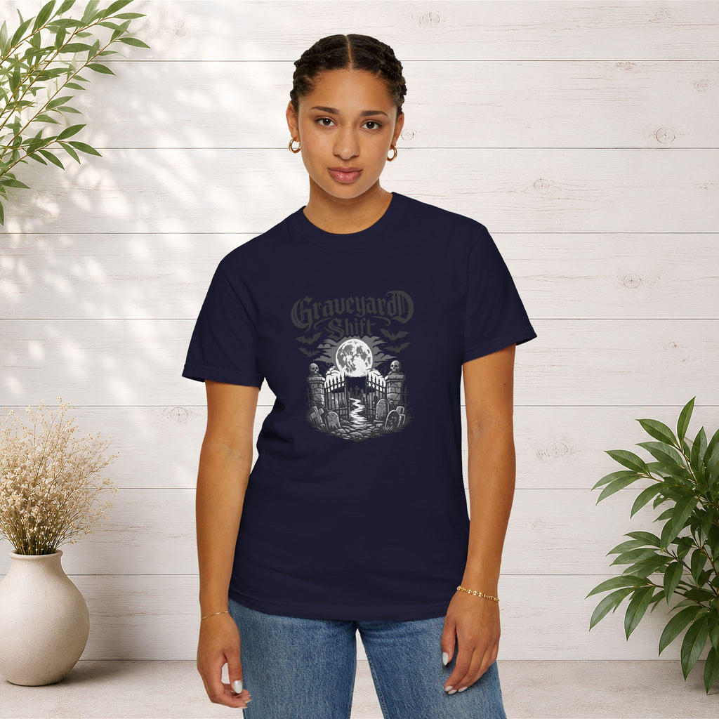 Graveyard Shift T-Shirt — Gothic Cemetery Skull Night Shift Tee