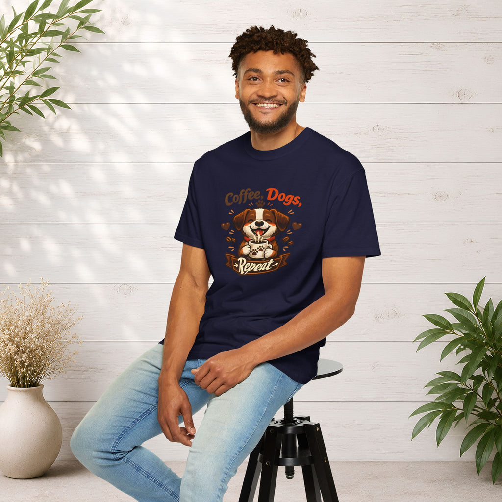 "Coffee, Dogs, Repeat" Cute Dog & Coffee Graphic T-Shirt