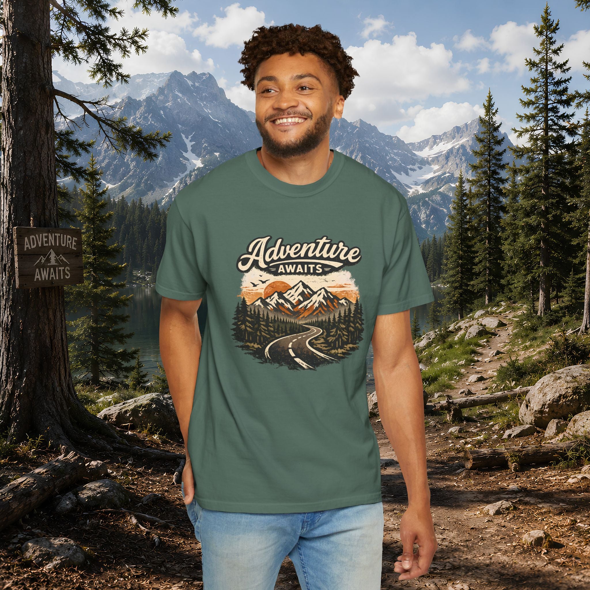 Adventure Awaits T-Shirt — Scenic Mountain Road Graphic Tee
