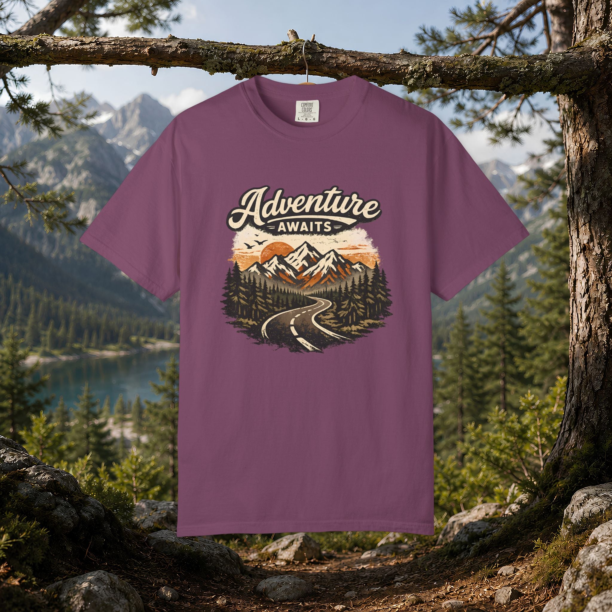 Adventure Awaits T-Shirt — Scenic Mountain Road Graphic Tee