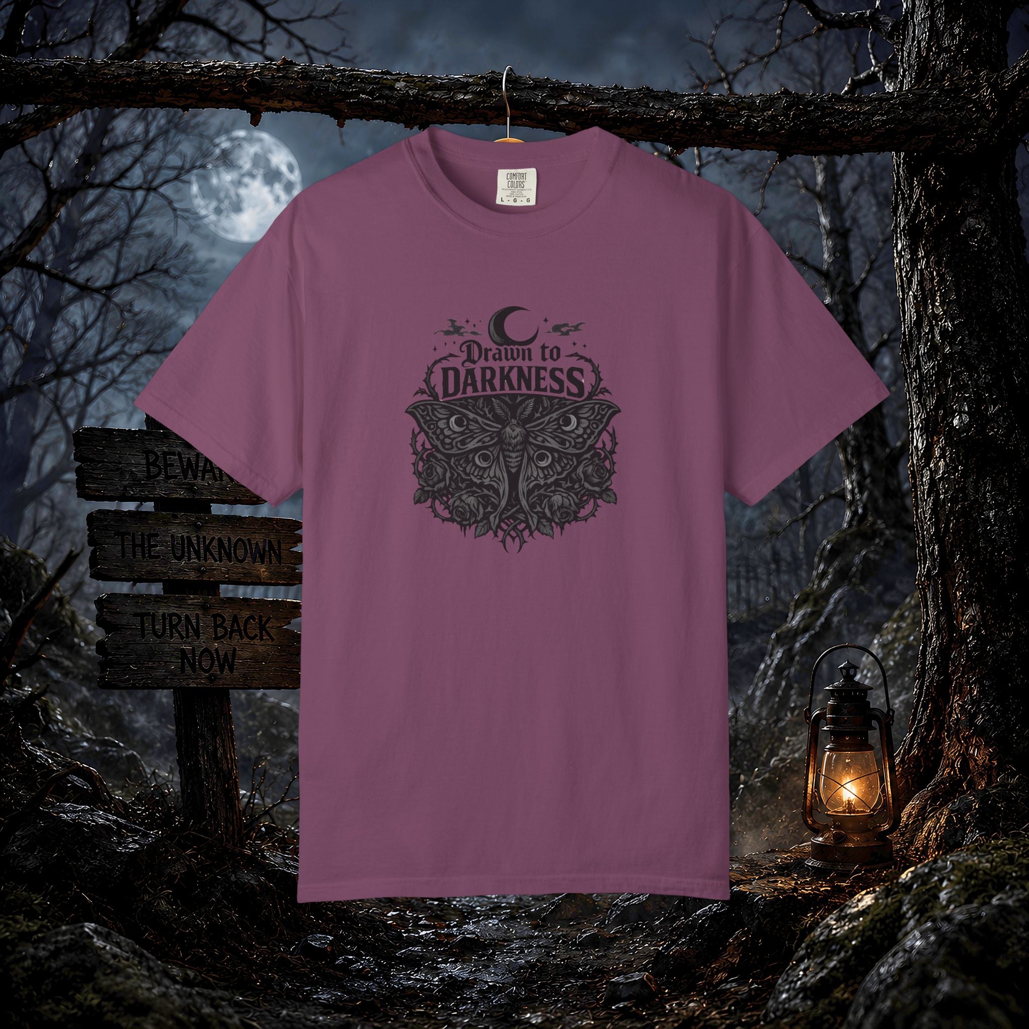 Dark Aesthetic T-Shirt — "Drawn to Darkness" Gothic Moon Graphic Tee