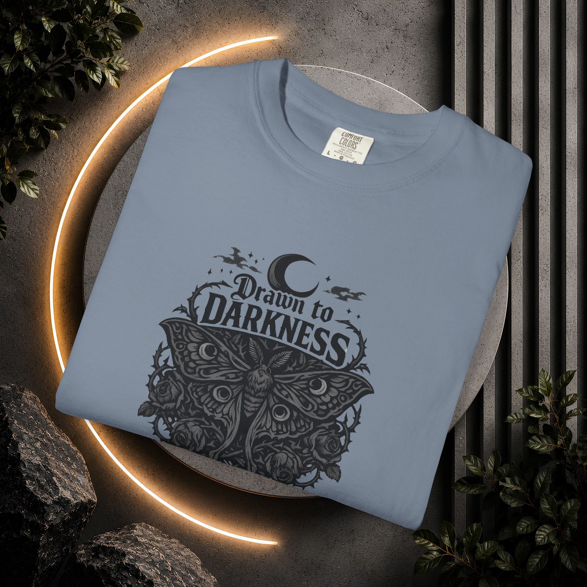 Dark Aesthetic T-Shirt — "Drawn to Darkness" Gothic Moon Graphic Tee