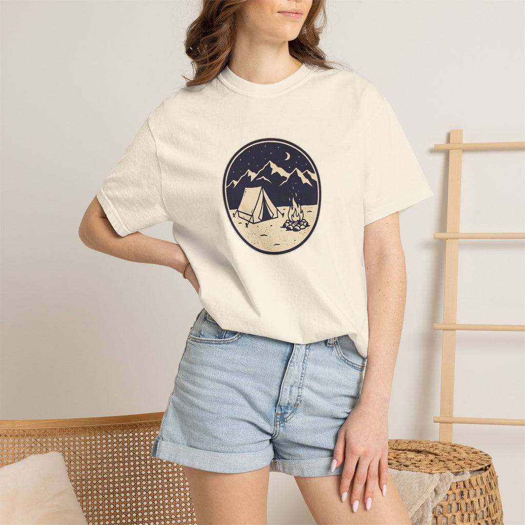 Mountain Camping Circle Art T-shirt | Tent Campfire Outdoors Tee