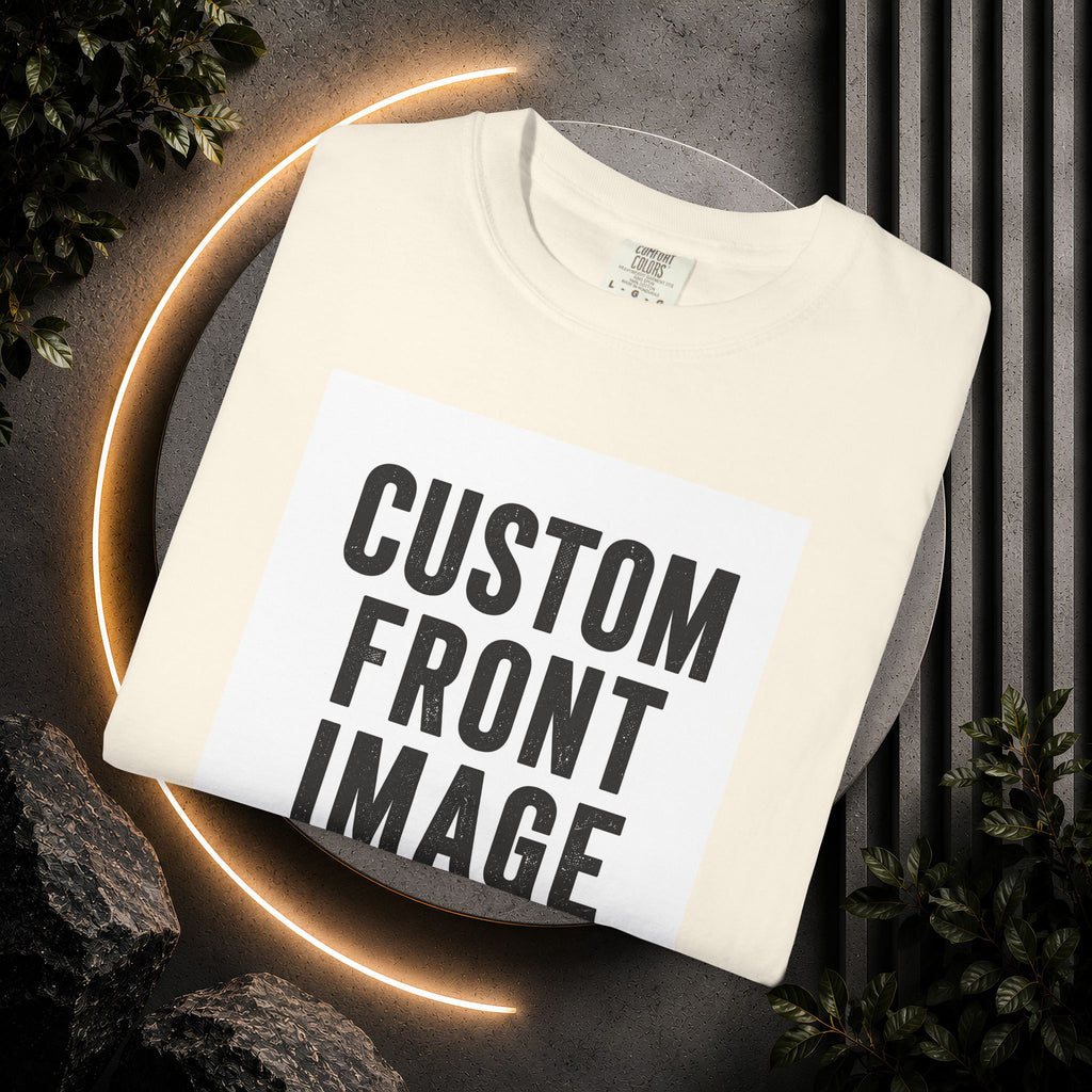Custom Front Square Print T-Shirt — Personalized Text Bottom & Image Tee