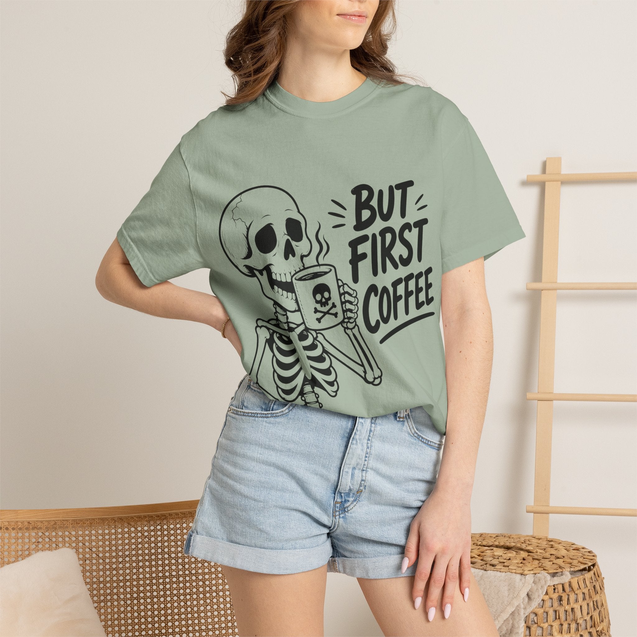 Skeleton Holding Coffee But First Coffee T-Shirt | Coffee Lover Tee