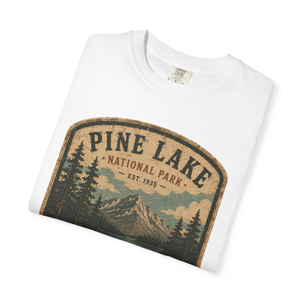 Pine Lake National Park Badge T-Shirt | Mountain Lake Forest Graphic