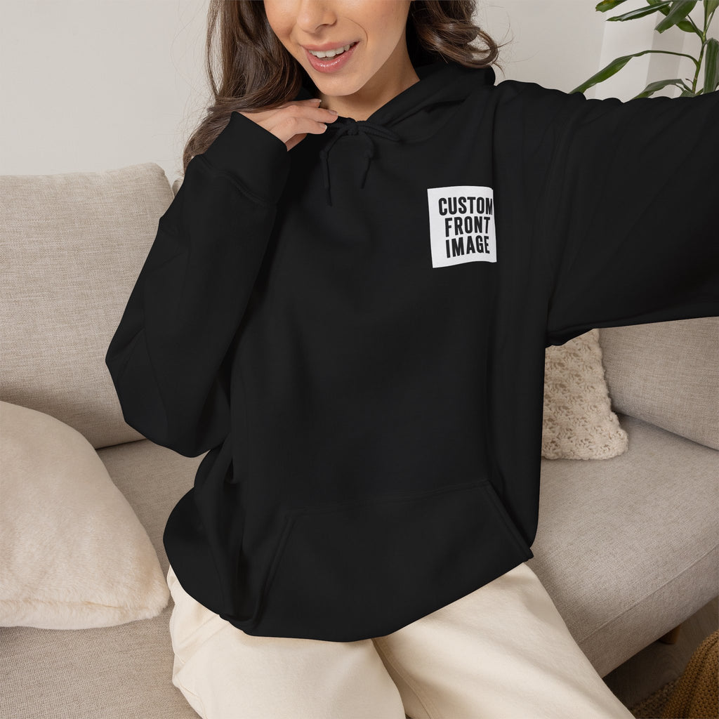 Custom Front Small Left and Back Image Hoodie — Personalized White Pullover Hooded Sweatshirt