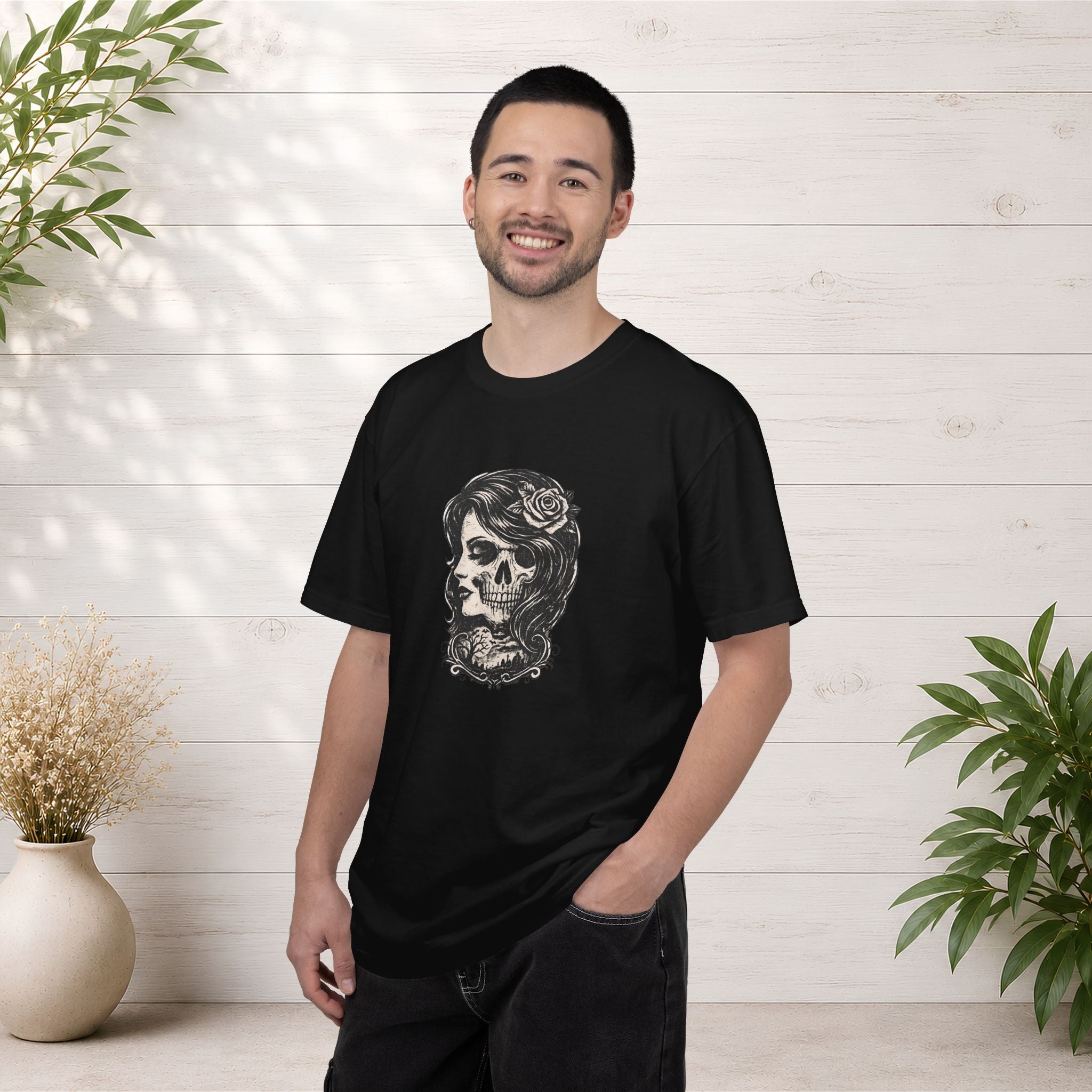 Skull Lady Rose T-Shirt — Vintage Day of the Dead Portrait Tee