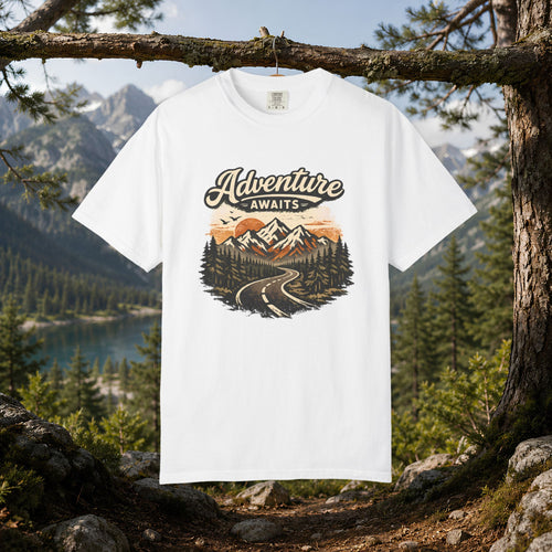 Adventure Awaits T-Shirt — Scenic Mountain Road Graphic Tee