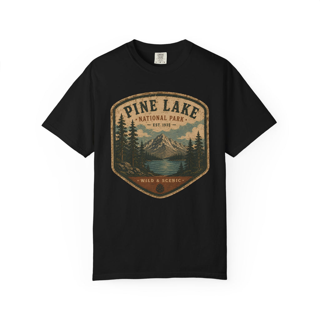 Pine Lake National Park Badge T-Shirt | Mountain Lake Forest Graphic