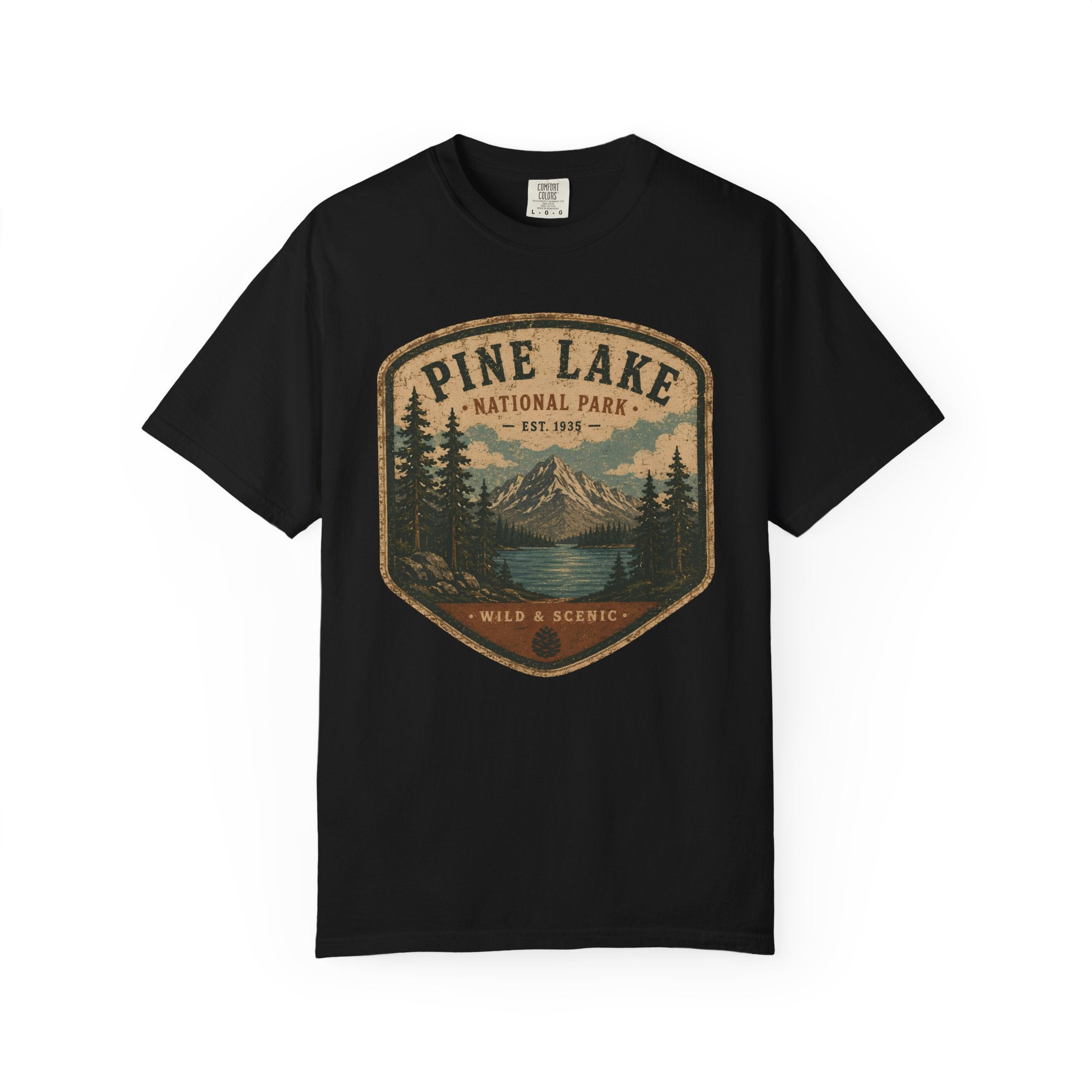 Pine Lake National Park Badge T-Shirt | Mountain Lake Forest Graphic