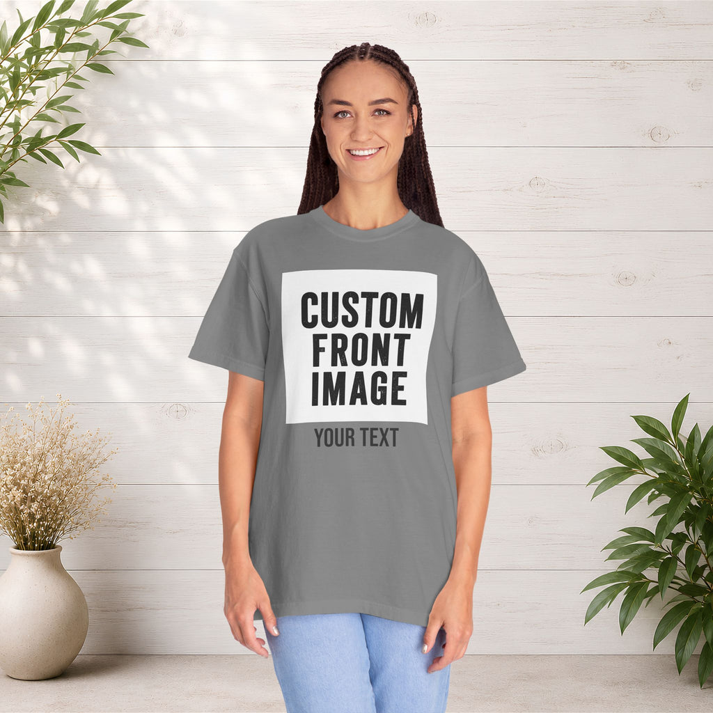 Custom Front Square Print T-Shirt — Personalized Text Bottom & Image Tee