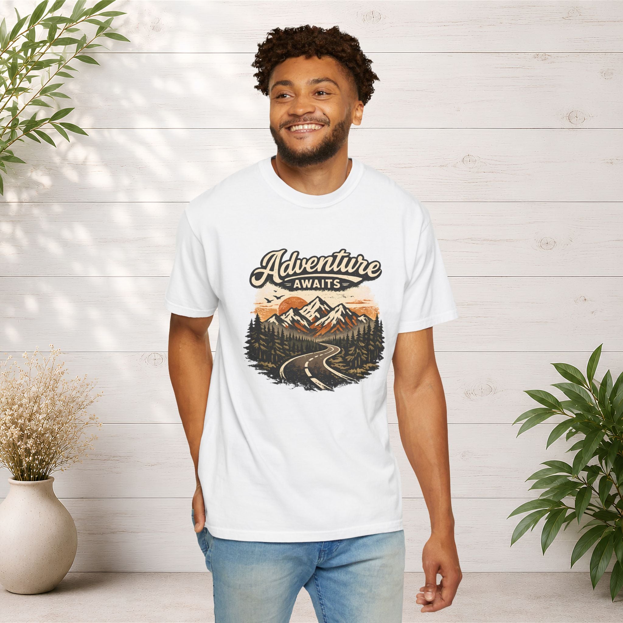 Adventure Awaits T-Shirt — Scenic Mountain Road Graphic Tee