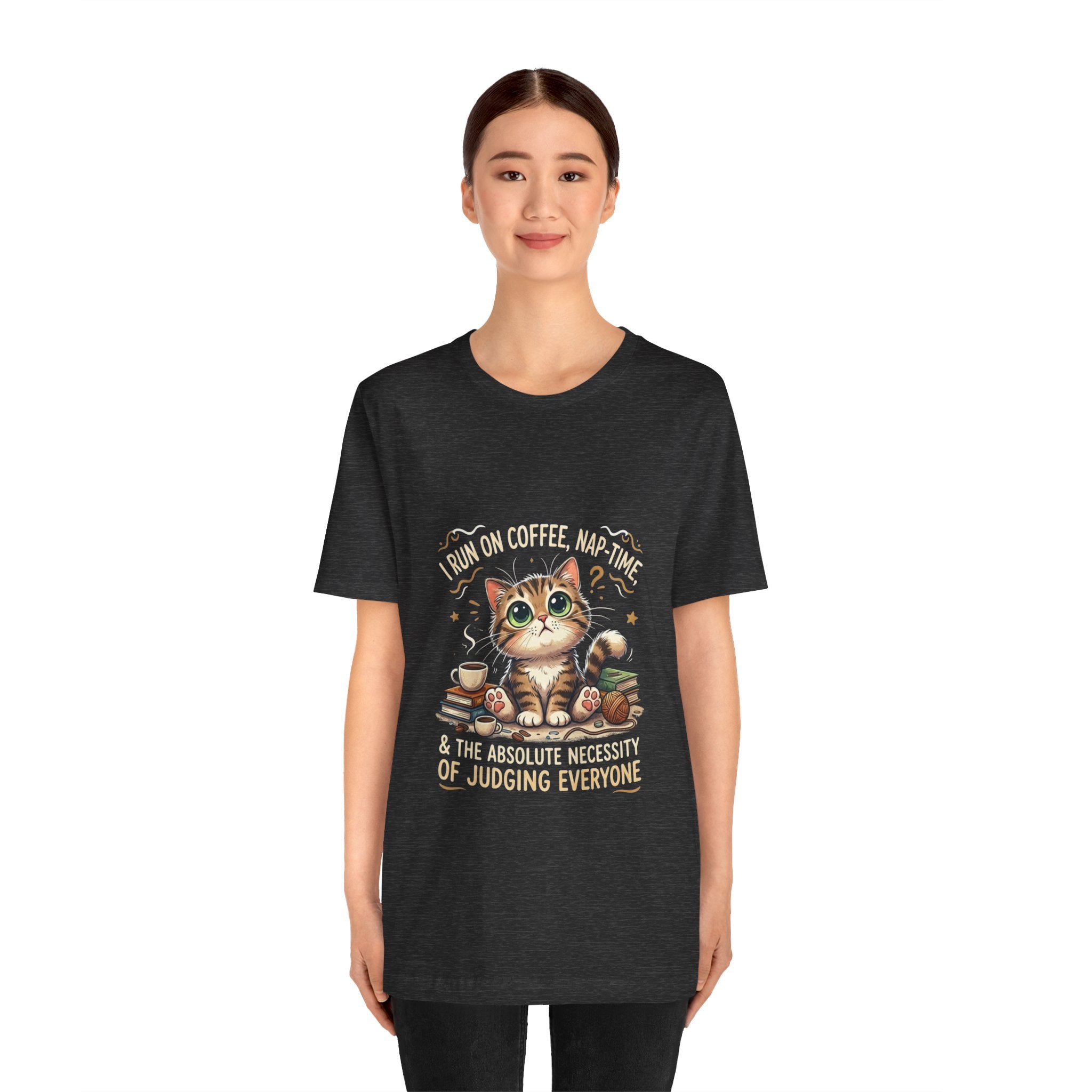 Judging Cat Coffee Books T-Shirt | Cozy Kitty Illustration Tee