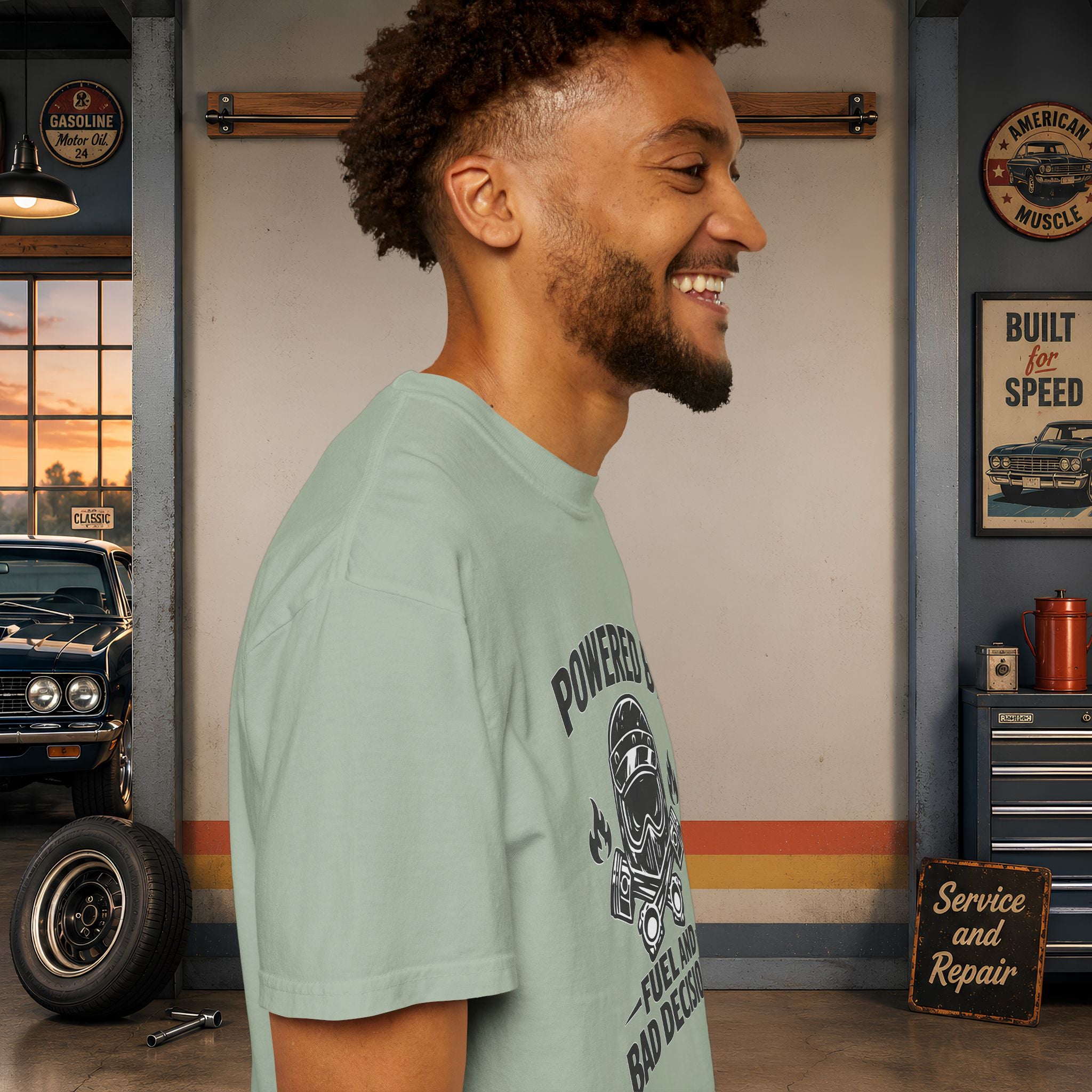 Powered By Fuel And Bad Decisions T-Shirt — Motorcycle Helmet Graphic Tee
