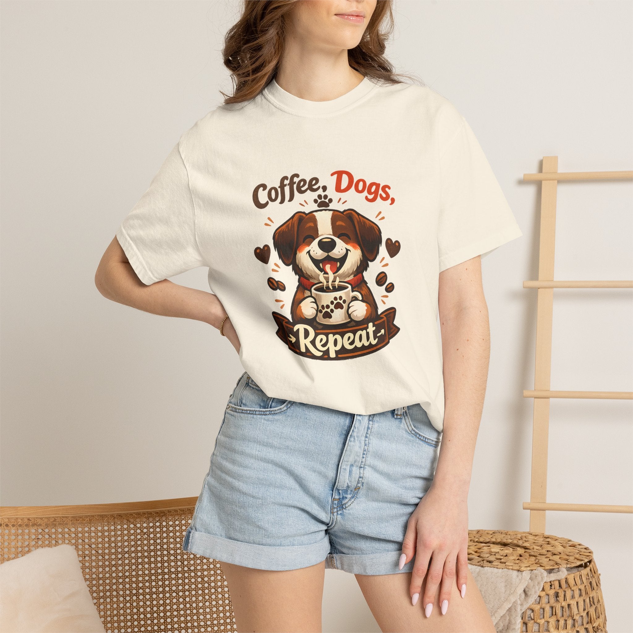 "Coffee, Dogs, Repeat" Cute Dog & Coffee Graphic T-Shirt