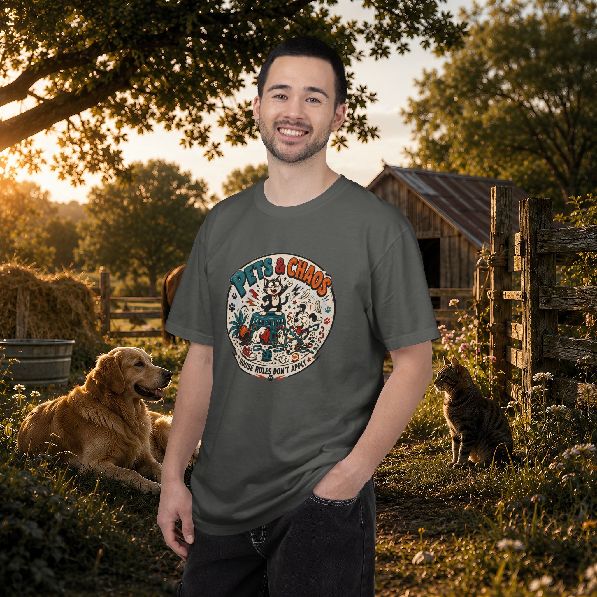 Pets & Chaos Graphic T-Shirt — "House Rules Don't Apply" Vintage Pet Lover Tee