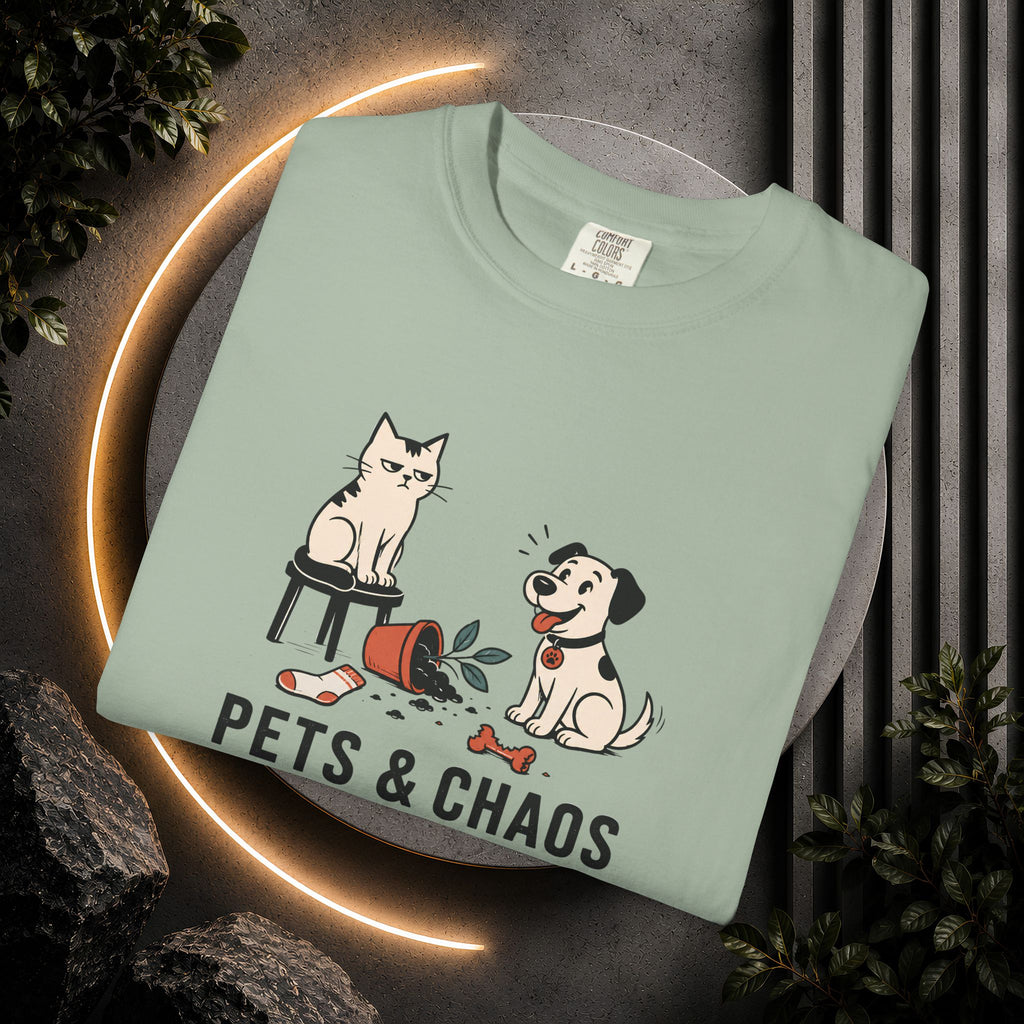 Pets & Chaos Graphic T-Shirt — Funny Cat and Dog Design