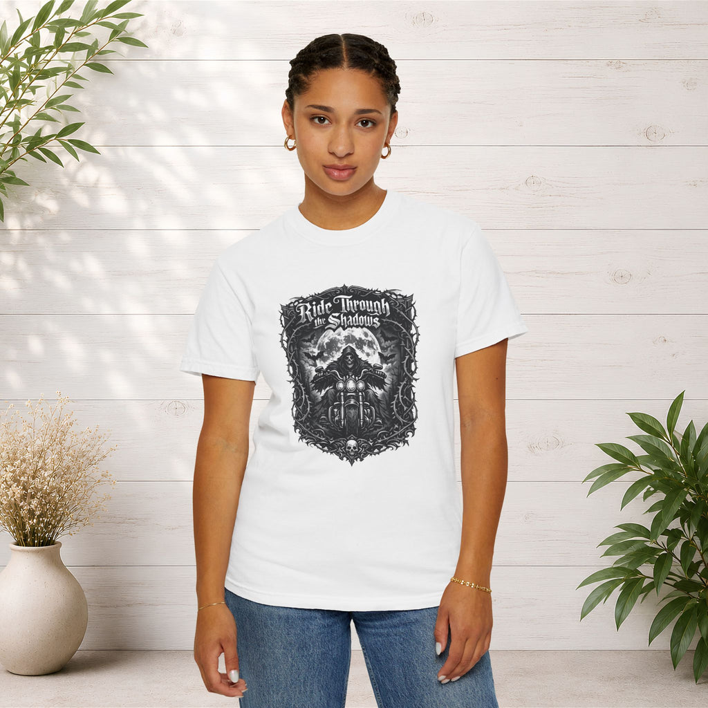 Ride Through Shadows T-Shirt — Gothic Skull Motorcycle Graphic Tee