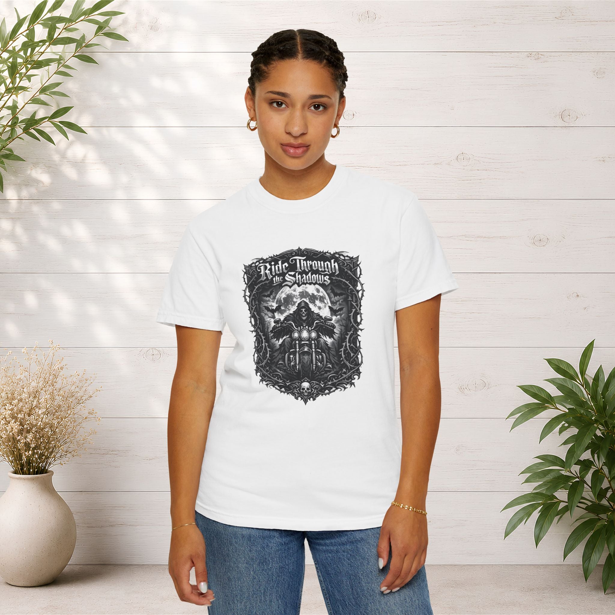 Ride Through Shadows T-Shirt — Gothic Skull Motorcycle Graphic Tee